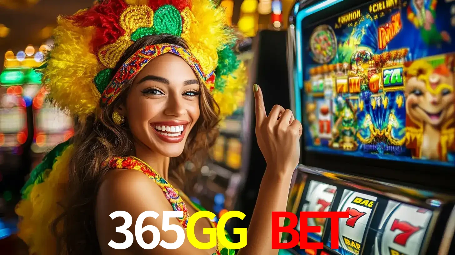 Mulher animada com um cocar de carnaval apontando para uma máquina de caça-níqueis, mostrando a emoção de ganhar um grande prêmio nos jogos do 365GG BET.