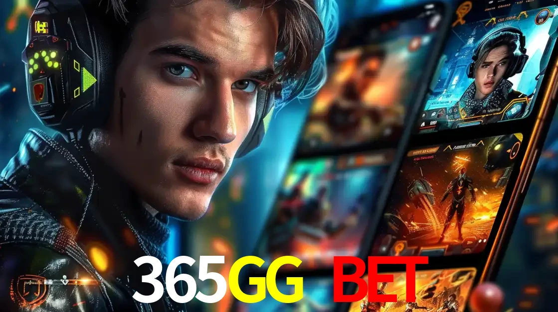 Jovem jogador com fones de ouvido olhando para a câmera, com um aplicativo de jogos e e-sports para celular ao fundo, pronto para a competição e apostas no 365GG BET.