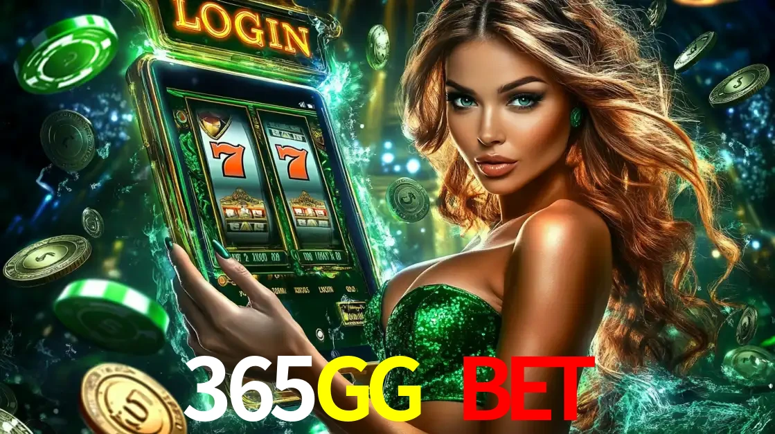 Mulher com tema verde apresentando o aplicativo do cassino 365GG BET com um jogo de slot de 777, cercada por fichas de cassino e uma aura de sorte.