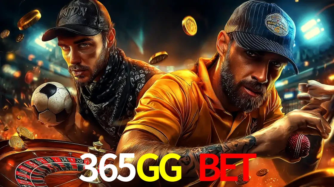 Montagem de apostas esportivas e cassino no 365GG BET, com um homem segurando uma bola de futebol e outro uma de beisebol sobre uma roleta e moedas voadoras.