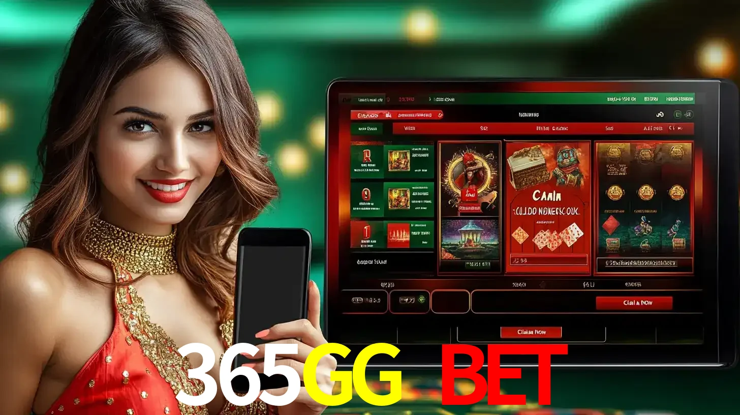 Mulher sorridente segurando um smartphone, ao lado de uma tela exibindo o lobby de jogos do cassino online 365GG BET, com várias opções de jogos de cartas e slots.